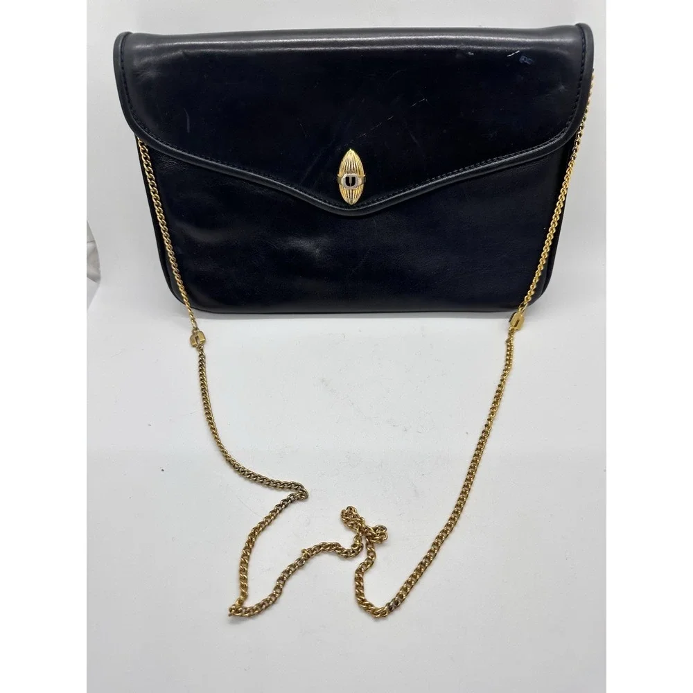 Vintage Emanuel‎ Ungaro Black Leather Chain Shoulder Bag Gold Logo Italy